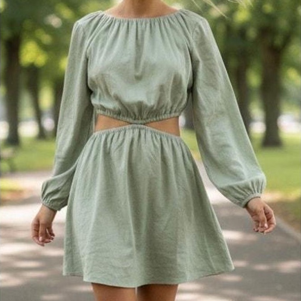 Gianni Bini Cora Mini Cut Out Dress Long Sleeve - Sage Green - Linen and Cotton